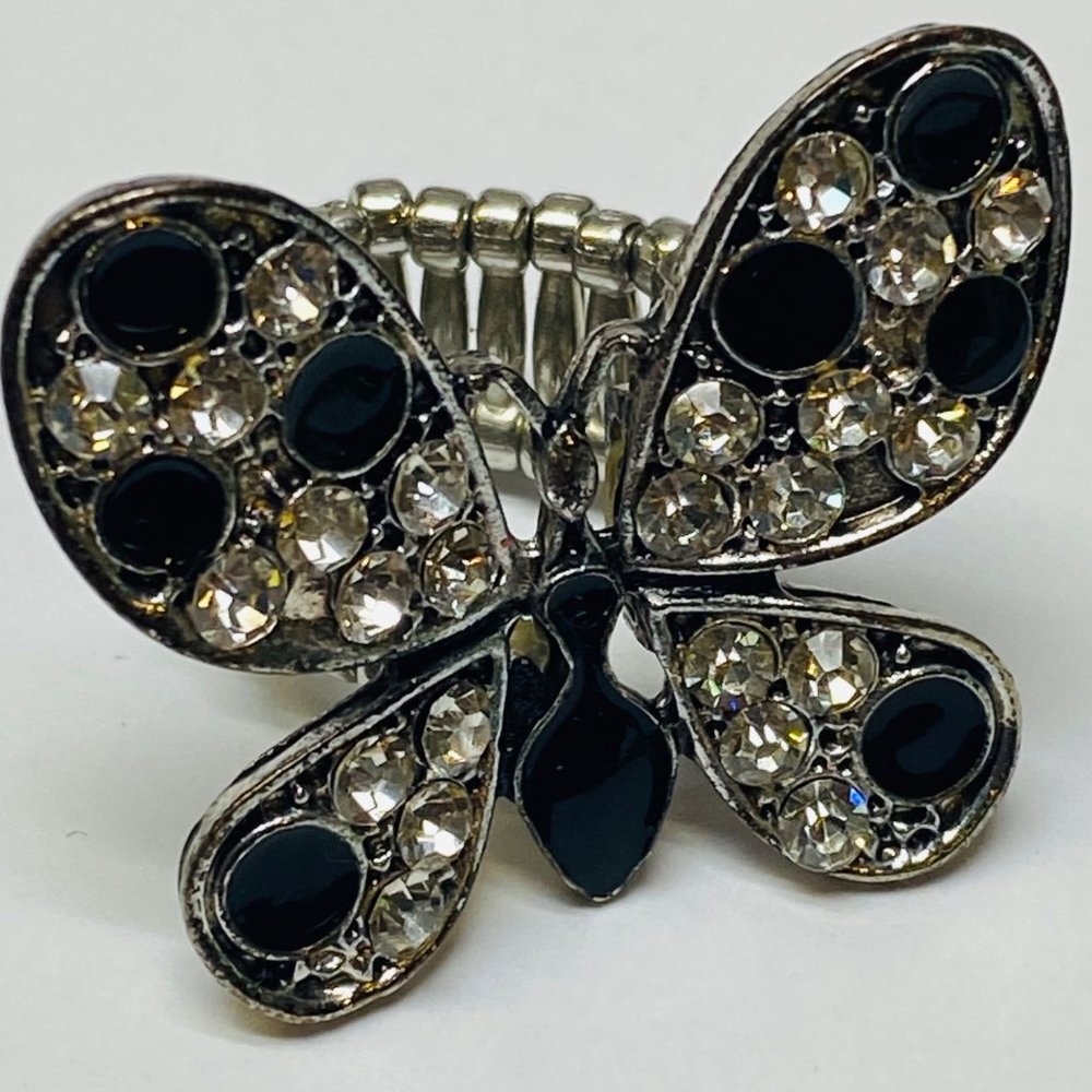 Ring Stretch Butterfly Shape Women Rhinestone Accents Enamel Silver Color Metal - Picture 11 of 16